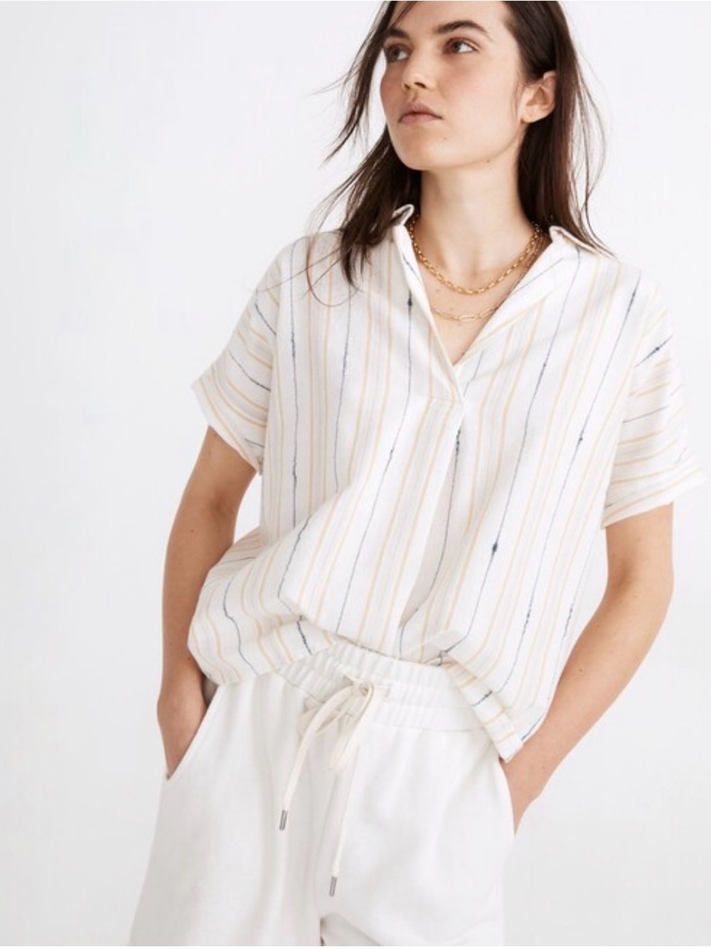 Madewell Park Popover Shirt in Textured Stripe Cotton Short Sleeve Split Neck S - Picture 13 of 13